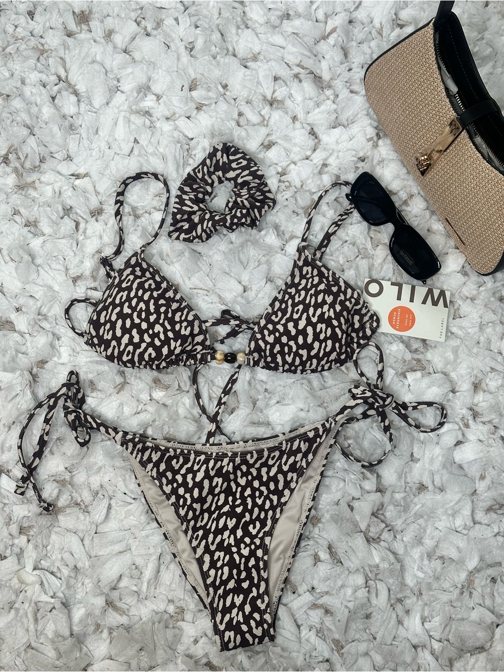 WILO THE LABEL Leopard Print String Bikini Set XS NWT Scrunchie Included